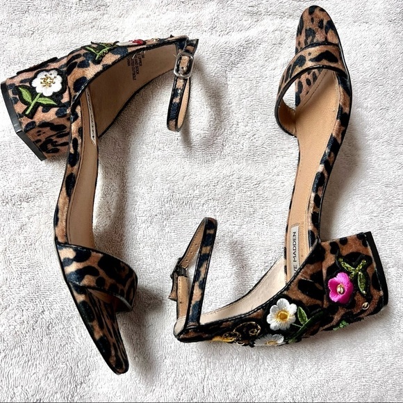 Steve Madden Inca Leopard Multi Embroidered Ankle Strap Heels woman’s size 7.5 - Picture 6 of 11